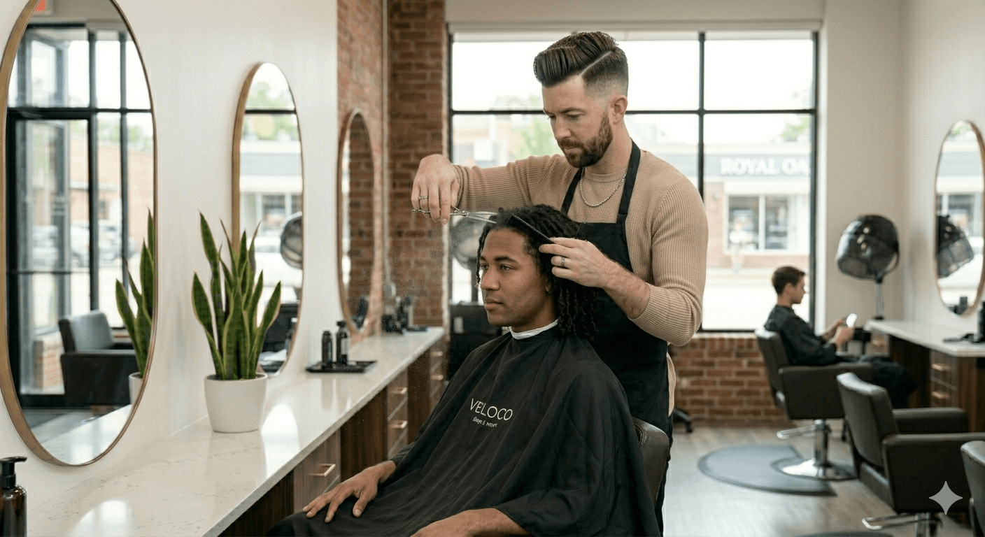 Men's grooming session — full-service cut and beard work at Velo Co.